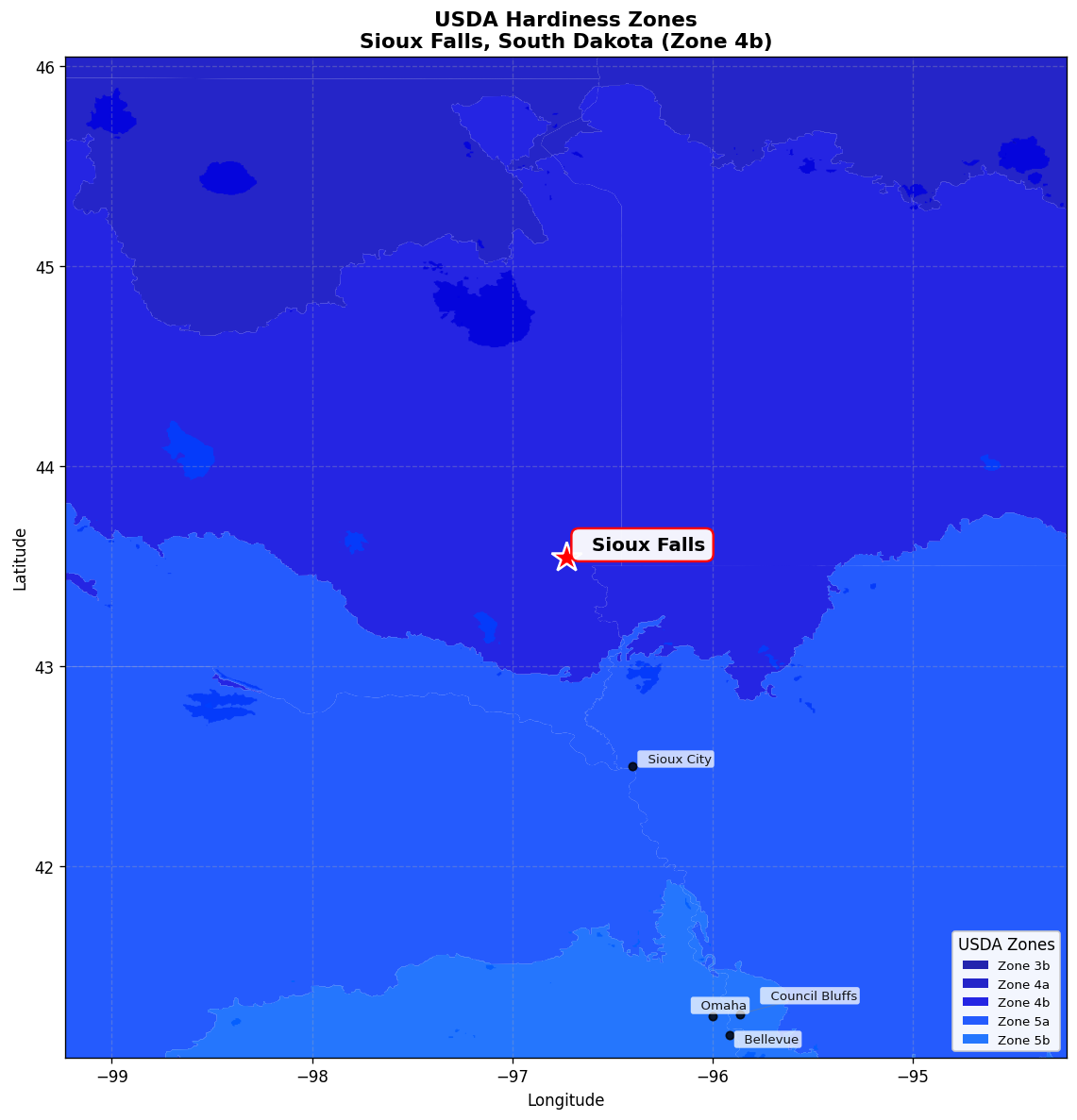 USDA Hardiness Zone 4b Map for Sioux Falls, SD